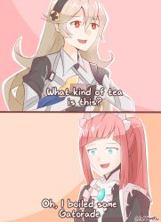2girls bakaretsu black_hairband blue_eyes feather_trim felicia_(fire_emblem) female_corrin_(fire_emblem) fire_emblem fire_emblem_fates grey_hair hair_between_eyes hairband highres long_hair maid maid_headdress multiple_girls nintendo nohrian_maid_uniform pink_hair pointy_ears ponytail red_eyes