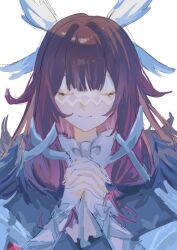 1girl angel_wings bow bowtie brown_hair closed_eyes closed_mouth coat columbina_(genshin_impact) cowlick eyelashes facing_viewer fatui_coat feathered_wings fingernails fur_collar genshin_impact hair_ribbon head_wings highres kasutado_xk98bb lapels large_bow long_hair multicolored_hair multiple_wings own_hands_clasped own_hands_together pink_hair ribbon sketch solo straight-on streaked_hair tress_ribbon white_background white_bow white_bowtie white_coat white_ribbon white_wings wings wrist_bow