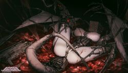 1girl artist_logo ass between_breasts blood blood_on_clothes blood_on_leg breasts corset covered_erect_nipples cyborg dirty extra_eyes flesh garter_straps highres huge_breasts juerucj logo lying mechabare mechanical_tail mechanical_wings o-ring o-ring_bottom on_back original partially_visible_vulva pouch prosthesis prosthetic_leg solo spread_legs strap_between_breasts tail thighs winged_arms wings
