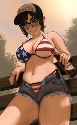 1girl absurdres against_fence alcohol american_flag american_flag_bikini american_flag_print bare_arms bare_shoulders baseball_cap beer beer_bottle bikini bikini_under_shorts black-framed_eyewear black_eyes black_hair blue_shorts bottle breasts cleavage cowboy_shot cutoffs denim denim_shorts dutch_angle earrings fence flag_print flag_print_bikini from_below glasses half-closed_eyes hat highres holding holding_bottle jewelry large_breasts leaning leaning_back leaning_on_object linea_alba navel open_clothes open_fly open_shorts original outdoors ponytail print_bikini rosen_(veyonis) short_hair short_shorts shorts side-tie_bikini_bottom sidelocks smile solo standing stomach sunlight swimsuit thighs underboob veyonis