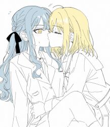 Rule 34 | 2girls, ahoge, bang dream!, bang dream! it&#039;s mygo!!!!!, blonde hair, blush, braid, closed eyes, commentary request, gugufinn306, hanasakigawa school uniform, haneoka school uniform, kiss, long hair, medium hair, misumi uika, multiple girls, partially colored, school uniform, sidelocks, togawa sakiko, yellow eyes, yuri