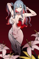 Rule 34 | 1girl, adjusting hair, armpits, arms up, bang dream!, bang dream! it&#039;s mygo!!!!!, blue hair, blurry, blurry foreground, breasts, bug, butterfly, closed mouth, convenient censoring, flower, gradient background, insect, large breasts, long hair, navel, one breast out, red background, shadow, solo, standing, togawa sakiko, torn clothes, wangjook (wj), yellow eyes