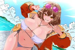 Rule 34 | 1girl, ahoge, anis (nikke), anis (sparkling summer) (nikke), bikini, blush, bob cut, breasts, brown eyes, brown hair, cleavage, cropped jacket, double v, dutch angle, eyepatch bikini, goddess of victory: nikke, hair ornament, highres, huge breasts, jacket, jewelry, judgement (garogold7), navel, necklace, open clothes, open jacket, outdoors, pink-tinted eyewear, red jacket, short hair, side-tie bikini bottom, sky, smile, solo, standing, sunglasses, sunglasses on head, swimsuit, thigh gap, tinted eyewear, v, white bikini, yellow nails