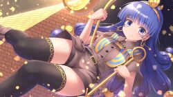 1girl belt black_thighhighs blue_eyes blue_hair blunt_bangs blush boots brown_boots brown_shirt brown_shorts chest_guard collared_shirt dutch_angle earrings facial_mark feet_out_of_frame gold_headwear highres holding holding_scepter holding_staff jewelry key_earrings long_hair looking_at_viewer low-tied_long_hair lzh michigami_nareko pyramid_(structure) quad_tails scepter shirt short_sleeves shorts smile solo staff thighhighs touhou triangle triangle_facial_mark