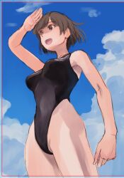 1girl black_one-piece_swimsuit breasts brown_eyes brown_hair competition_swimsuit covered_navel highleg highleg_one-piece_swimsuit hiryuu_(kancolle) kantai_collection large_breasts one-piece_swimsuit shading_eyes short_hair solo swimsuit wa_(genryusui)