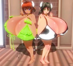 3d animal_ears animal_print bell black_hair blush bra breasts choker cleavage collar cow_ears cow_girl cow_horns cow_print dark_skin gigantic_breasts green_eyes guinea highres horns ishuzoku_reviewers milky_(ishuzoku_reviewers) minotaur monster_girl neck_bell underwear