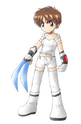 Rule 34 | 1990s (style), boots, brown eyes, brown hair, cardcaptor sakura, choker, crossdressing, dress, full body, garyuusaisai, gender request, genderswap, gloves, li xiaolang, lowres, matching hair/eyes, shirt, shoes, short hair, shorts, standing, thighhighs, weapon, white footwear, white shirt, white shorts