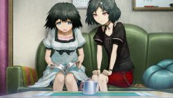 1boy 1girl aqua_eyes belt black_belt black_bow black_hair black_ribbon black_trim blue_dress blue_eyes board_eraser bob_cut bow bracelet breasts calendar_(object) chain chest_bow choker collar collarbone couch cup drawing_board dress frilled_collar frills future_gadget_lab game_cg hair_ornament hairclip highres holding holding_magazine huke jewelry looking_down magazine_(object) medium_breasts medium_hair official_art on_couch pillow pink_eyes pink_frills puffy_short_sleeves puffy_sleeves red_shorts ribbon ribbon_choker ringed_eyes shiina_mayuri short_sleeves shorts shorts_under_dress shorts_under_skirt sitting skull_hair_ornament square_pupils steins;gate table tank_top tareme teacup trap urushibara_ruka white_ribbon