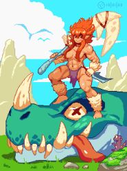 1girl axe blue_sky bone_weapon dinosaur fur_trim grass hill loincloth long_bangs long_hair looking_at_viewer muscular muscular_female original pip_(artofpip) pixel_art pointy_ears red_eyes red_hair scar sky spiked_hair tongue tongue_out topless_female