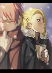 2boys absurdres adjusting_scarf alternate_costume alternate_hairstyle black_border blue_eyes blurry border closed_eyes closed_mouth coat cup deidara_(naruto) depth_of_field eyeliner fur-trimmed_jacket fur_trim genkai_0tak hair_bun hair_ornament hair_over_one_eye hairclip highres holding holding_cup jacket looking_to_the_side makeup male_focus medium_hair multiple_boys naruto_(series) naruto_shippuuden sasori_(naruto) scarf short_hair sketch snow winter