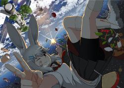 1girl ;) arms_up bandaid bandaid_on_cheek bandaid_on_face bare_arms bare_legs bike_shorts_under_skirt black_showgirl_skirt double_v earth_(planet) foreshortening from_side grey_hair grey_skirt hair_ornament hairclip hand_fan in_orbit kine mallet medium_hair miniskirt one_eye_closed original outstretched_arms paper_fan planet pleated_skirt rabbit_tail shirt shoes short_sleeves shorts sideways skirt smile socks solo space space_station spread_arms star_(sky) sun tail torii traditional_media up_sleeve upshirt v white_shirt yumeumi_sousaku