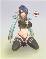 00s 1girl bdsm between_breasts black_bra black_panties black_thighhighs blue_hair bondage bound bra breasts gradient_hair heart highres jam-orbital judith_(tales) large_breasts long_hair multicolored_hair navel one_eye_closed panties pointy_ears red_eyes rope smile spoken_heart squatting tales_of_(series) tales_of_vesperia thighhighs underwear underwear_only