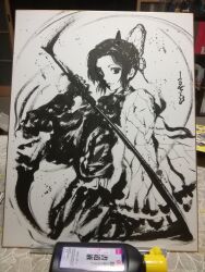 Rule 34 | 1girl, butterfly hair ornament, calligraphy brush (medium), commentary request, demon slayer uniform, hair ornament, haori, highres, japanese clothes, katana, kimetsu no yaiba, kochou shinobu, looking at viewer, monochrome, photo (medium), smile, solo, sword, weapon, yamada satoshi