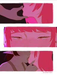 2girls 3koma absurdres adventure_time bare_shoulders black_hair blush close-up collarbone colored_skin comic couple finger_to_another&#039;s_mouth fingernails grey_skin half-closed_eyes head_out_of_frame highres kiss lips long_hair looking_at_viewer marceline_abadeer multiple_girls neck open_mouth out_of_frame pink_eyes pink_hair pink_skin pointy_ears princess_bonnibel_bubblegum sharp_fingernails simple_background steemyart straight_hair tank_top teeth twitter_username upper_teeth_only vampire white_background yuri