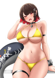 1girl aizawa_u-ji angry arm_strap arm_up bikini black_choker black_hair blush bracelet breasts choker collarbone commentary ellen_joe eyebrows_hidden_by_hair facing_viewer fins fish_tail jewelry large_breasts looking_at_viewer mole mole_under_eye multicolored_hair navel open_mouth red_hair shark_girl shark_tail sharp_teeth short_hair sitting solo streaked_hair swimsuit tail teeth thigh_strap thighs white_background yellow_bikini zenless_zone_zero