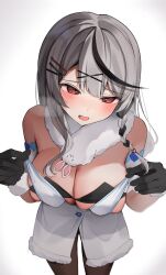 1girl amane_(andwys9por1) bare_shoulders black_gloves black_hair black_leotard braid breasts breath cleavage coat_dress cosplay don-chan_(usada_pekora) dress fur-trimmed_dress fur-trimmed_gloves fur_trim gloves grey_hair hair_ornament hairpin highres hololive large_breasts leotard multicolored_hair open_mouth pantyhose red_eyes sakamata_chloe solo streaked_hair sweat usada_pekora usada_pekora_(1st_costume) usada_pekora_(cosplay) virtual_youtuber white_dress x_hair_ornament