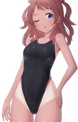 1girl :o absurdres asigaru3000 black_one-piece_swimsuit blue_eyes breasts brown_hair competition_swimsuit gakuen_idolmaster hanami_saki hand_on_own_hip highres idolmaster medium_breasts medium_hair one-piece_swimsuit one_eye_closed pink_one-piece_swimsuit standing swimsuit tan tanline two-tone_swimsuit two_side_up