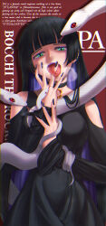 Rule 34 | 1girl, absurdres, animal, barbell piercing, black choker, black dress, black hair, black nails, black sclera, blunt bangs, bocchi the rock!, breasts, breath, chinese zodiac, choker, colored inner hair, colored sclera, cowboy shot, detached sleeves, dress, ear piercing, earrings, english text, eyelashes, forked tongue, goth fashion, green eyes, half-closed eyes, hand on own arm, hand on own face, heavy breathing, highres, hime cut, industrial piercing, jewelry, large breasts, lips, long hair, looking at viewer, makeup, mia h k, multicolored hair, nail polish, pa-san, piercing, purple eyes, red background, red eyes, simple background, slit pupils, snake, solo, straight hair, strapless, strapless dress, tongue, tongue out, too many snakes, two-tone hair, very long hair, white snake, year of the snake