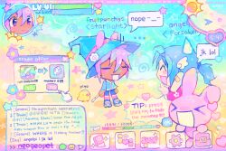 &gt;_&lt; 2others ^_^ androgynous animal_ears bird blue_hair blue_hat chat_log chibi chibi_only closed_eyes colorful commentary cursor dark_skin english_commentary english_text gameplay_mechanics hair_ornament hat heads-up_display heisei_retro highres hue_shifting minimap mmorpg multiple_others neogeopet open_mouth original other_focus ponytail purple_hair rabbit rabbit_ears short_hair smile speech_bubble sweatdrop user_interface window_(computing) wing_hair_ornament