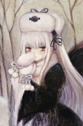 1girl absurdres black_dress black_hairband black_wings dress fur_hat gothic_lolita hairband hat highres light_smile lolita_fashion lolita_hairband long_hair long_sleeves looking_at_viewer mittens oil_painting_(medium) outdoors painting_(medium) red_eyes rozen_maiden snow solo straight_hair suigintou svveetberry traditional_media tree ushanka white_hair white_hat white_mittens wings winter