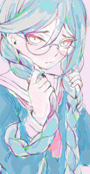 1girl alternate_hair_color blue_hair braid danganronpa:_trigger_happy_havoc danganronpa_(series) frown fukawa_toko glasses long_sleeves low_twin_braids mole mole_under_mouth round_eyewear school_uniform serafuku solo suzuakks twin_braids upper_body