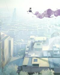 1girl choujin_x city cityscape colored_smoke day flying highres horizon house ishida_sui official_art otta_ely_(choujin_x) outdoors school_uniform smoke tower tree urban