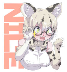 1girl adjusting_eyewear animal_ears bare_shoulders blonde_hair blood blush bow bowtie brown_hair cat_ears cat_girl elbow_gloves glasses gloves green_eyes hair_between_eyes kemono_friends lowlandgorilla margay_(kemono_friends) margay_print multicolored_hair nosebleed open_mouth print_bow print_bowtie print_gloves semi-rimless_eyewear shirt short_hair sidelocks sleeveless smile solo sparkle upper_body white_hair white_shirt