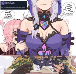 absurdres acheron_(honkai:_star_rail) bare_shoulders black_gloves black_swan_(honkai:_star_rail) breasts cleavage closed_mouth corset detached_sleeves dress elbow_gloves elysia_(honkai_impact) female_pov gloves hair_between_eyes hair_ornament hair_spread_out highres honkai:_star_rail honkai_(series) honkai_impact_3rd large_breasts long_hair looking_at_viewer multiple_girls open_mouth pink_hair pov purple_dress purple_gloves purple_hair purple_sleeves purple_veil single_wide_sleeve sleepy_kaslana veil very_long_hair white_background white_corset yuri