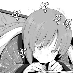 Rule 34 | 1boy, 1girl, bar censor, blush, censored, commentary request, fellatio, girls und panzer, greyscale, henyaan (oreizm), hetero, highres, kotatsu, male pubic hair, monochrome, nishizumi miho, oral, penis, pubic hair, short hair, simple background, solo focus, table, under kotatsu, under table, white background