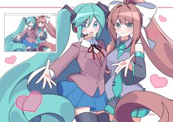 2girls aqua_eyes aqua_hair aqua_nails aqua_necktie cosplay costume_switch crossover detached_sleeves doki_doki_literature_club hatsune_miku hatsune_miku_(cosplay) headset highres kotohatoko510 long_hair looking_at_viewer monika_(doki_doki_literature_club) monika_(doki_doki_literature_club)_(cosplay) multiple_girls necktie number_tattoo shirt skirt smile tattoo thighhighs twintails very_long_hair vocaloid