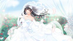 1girl alternate_costume black_hair blue_sky blush cloud dress elbow_gloves flower gloves highres idolmaster idolmaster_shiny_colors long_hair looking_at_viewer mayuzumi_fuyuko open_mouth red_flower rose saku-0403 sky smile solo veil wedding_dress white_dress white_gloves yellow_eyes