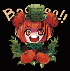 Rule 34 | 1girl, alou pkmn, animification, disneyland, double bun, dress, hair bun, halloween, halloween bucket, halloween costume, hat, long hair, looking at viewer, open mouth, orange hair, simple background, smile, solo