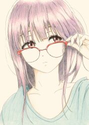1girl absurdres adjusting_eyewear bbmasa bespectacled blue_shirt closed_mouth collarbone commentary_request glasses hand_up hibike!_euphonium highres liz_to_aoi_tori long_hair over-rim_eyewear portrait purple_hair red-framed_eyewear red_eyes semi-rimless_eyewear shirt simple_background solo traditional_media yoroizuka_mizore