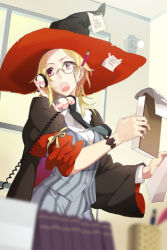 1girl blonde_hair breasts cable coat cradling_phone female_focus hat indoors lowres markings monocle monocle_chain necktie notepad object_behind_ear open_mouth paper pencil phone pink_eyes short_hair skirt small_breasts solo striped sword_girls talking_on_phone vest witch_hat