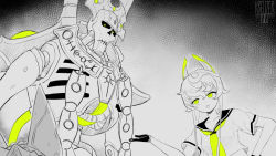 1boy 1girl absurdres armor azur_lane crossover depressed gesture gloves glowing glowing_eyes greyscale highres kreuzer_00 looking_at_viewer monochrome necron signature siren_(azur_lane) purifier_(azur_lane) smile standing warhammer_40k weapon yellow_eyes