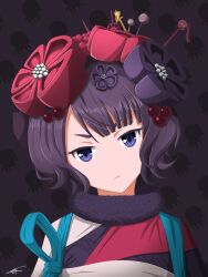 Rule 34 | 1girl, black kimono, closed mouth, commentary, darkstar31, fate/grand order, fate (series), highres, japanese clothes, katsushika hokusai (fate), katsushika hokusai (first ascension) (fate), kimono, looking at viewer, octopus, purple eyes, purple hair, serious, short hair, solo, swept bangs, v-shaped eyebrows