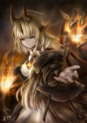 Rule 34 | 1girl, ahoge, arknights, black horns, black jacket, black shirt, blonde hair, closed mouth, cowboy shot, dragon horns, dress, fire, flame-tipped tail, flower, fuugami, green eyes, highres, horns, huge ahoge, jacket, light in heart, long hair, long sleeves, looking at viewer, multiple horns, open clothes, open jacket, reaching, reaching towards viewer, reed (arknights), reed the flame shadow (arknights), shirt, smile, solo, staff, tail, white dress, white flower