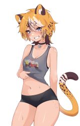 1girl absurdres alternate_hair_color animal_ear_fluff animal_ears black_collar black_shorts blue_eyes breasts brown_hair cat_ears cat_girl cat_tail cheetah_girl chest_freckles cleavage collar cowboy_shot crop_top eyelashes facial_mark freckles grey_shirt highres ivy_(nyaivie) midriff multicolored_hair navel nyaivie orange_hair original shiny_skin shirt short_shorts shorts shoulder_freckles simple_background sleeveless sleeveless_shirt small_breasts smile solo spotted_hair sweat tail tan tanline thigh_freckles thighs white_background white_hair