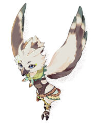 1boy absurdres animal_feet arms_up bandana beak belt bird_boy bird_legs blue_eyes body_fur brown_fur brown_hair brown_leotard child claws feathered_wings full_body furry furry_male green_bandana highres katamuki leotard male_focus multicolored_hair multicolored_wings nintendo open_mouth outstretched_arms rito short_hair simple_background solo the_legend_of_zelda the_legend_of_zelda:_tears_of_the_kingdom tulin_(zelda) two-tone_fur two-tone_hair white_background white_fur white_hair winged_arms wings