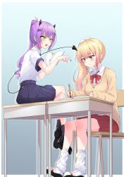2girls absurdres alternate_costume alternate_hairstyle black_socks blonde_hair blue_background blush border bow bowtie chair collared_shirt commentary crossed_legs demon_girl demon_horns demon_tail desk full_body gradient_background green_eyes grey_background hair_ornament hairclip hands_up highres holding holding_pencil hololive horns legs long_sleeves loose_socks mechanical_pencil momosuzu_nene multiple_girls on_desk pencil piercing pleated_skirt ponytail red_bow red_bowtie school_chair school_desk school_uniform shadow shirt short_sleeves side_ponytail sidelocks sitting on_desk skirt socks sweatdrop tail tail_ornament tail_piercing teeth thighs tokoyami_towa upper_teeth_only virtual_youtuber white_border white_footwear white_shirt white_socks zooanime