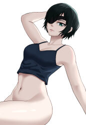 1girl absurdres arm_up black_camisole black_hair breasts camisole chainsaw_man cleavage eyepatch green_eyes highres himeno_(chainsaw_man) large_breasts navel no_panties pindoragon short_hair simple_background solo white_background