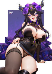1girl :d absurdres arm_support asymmetrical_legwear black_boots black_dress black_hair black_horns black_nails black_panties black_sleeves boots border breasts broken_horn chain cleavage cleft_of_venus colored_inner_hair commentary covered_navel detached_sleeves double-parted_bangs dress english_commentary fang flower garter_straps gem gold_chain hair_between_eyes hair_flower hair_ornament halter_dress halterneck head_chain highres horns indie_virtual_youtuber jewelry large_breasts long_hair looking_at_viewer mismatched_legwear multicolored_hair open_mouth outside_border overskirt panties purple_background purple_eyes purple_flower purple_gemstone purple_hair purple_overskirt pussy regiana_(jubi) second-party_source see-through_clothes see-through_panties short_dress single_garter_strap single_thigh_boot single_thighhigh skin_fang smile solo thigh_boots thighhighs underwear unjaded_(vtuber) virtual_youtuber white_border