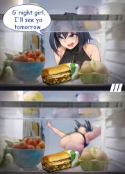1girl blue_hair bread breasts drooling english_text falling food hair_intakes highres ho2nium hololive hololive_english in_container in_refrigerator large_breasts meme mouth_drool ouro_kronii refrigerator refrigerator_interior saliva sandwich shirt short_hair sleeveless sleeveless_shirt smile solo submarine_sandwich subway_(company) tank_top underboob virtual_youtuber zipper