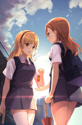 2girls backpack bag blonde_hair blue_sky blunt_bangs charm_(object) cloud commentary cowengium dress drill_hair green_eyes grey_dress hairband heanna_sumire highres holding holding_umbrella long_hair looking_at_object love_live! love_live!_superstar!! multiple_girls neck_ribbon open_mouth orange_hair outdoors purple_eyes red_hairband red_ribbon red_umbrella ribbon school_uniform shibuya_kanon shirt skirt sky smile sun suspender_skirt suspenders thighhighs umbrella white_shirt white_thighhighs yuigaoka_school_uniform zettai_ryouiki