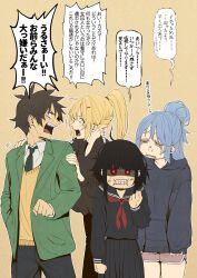 1boy 3girls angry aqua_(konosuba) black_hair black_pants black_serafuku black_skirt blonde_hair blue_hair brown_hair brown_shirt brown_vest clenched_hand clenched_teeth collared_shirt darkness_(konosuba) eye_contact green_jacket green_necktie hair_bun highres izawa_(bhive003) jacket kono_subarashii_sekai_ni_shukufuku_wo! looking_at_another megumin multiple_girls necktie open_clothes open_jacket pants pink_shorts pleated_skirt ponytail red_eyes sad satou_kazuma school_uniform serafuku shirt short_hair shorts simple_background skirt speech_bubble teeth translation_request vest