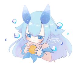 1girl air_bubble azur_lane bare_shoulders blue_eyes blue_hair blue_horns blue_sailor_collar bubble chibi chibi_only closed_mouth cropped_torso highres horns i-13_(azur_lane) light_blush long_hair manjuu_(azur_lane) oppogatoreta sailor_collar see-through_horns signature simple_background solo white_background