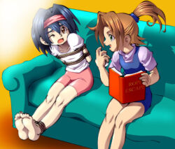 2girls akiko_(daikinbakuju) bad_source barefoot bdsm bike_shorts bondage book bound couch daikinbakuju escape! hairband lisa_(daikinbakuju) multiple_girls original scrunchie stopwatch training watch