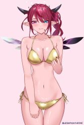 1girl asymmetrical_wings bikini black_horns black_wings blue_hair blush breasts cleavage cowboy_shot gold_bikini golden_week golden_week_bikini heterochromia highres hololive hololive_english horns irys_(hololive) large_breasts long_hair navel pink_background pointy_ears purple_eyes purple_hair red_hair seraphim_throne side-tie_bikini_bottom side_ponytail simple_background solo swimsuit virtual_youtuber white_wings wings
