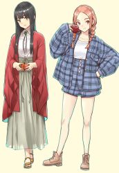 2girls absurdres apple bad_id bad_twitter_id black_hair brown_hair chromatic_aberration cloak flying_witch food fruit full_body green_eyes high-waist_shorts high-waist_skirt highres holding holding_food holding_fruit ishiwatari_nao ishizuka_chihiro jacket kowata_makoto long_hair long_skirt looking_at_viewer multiple_girls official_art plaid_clothes plaid_jacket plaid_shorts red_cloak shorts skirt straight_hair thick_eyebrows