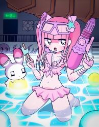 1girl animal arrow_(symbol) ball barefoot bead_necklace beads bow breasts cleavage collarbone crop_top diving_mask ezaki_bisuko feet food frilled_shirt frills goggles goggles_on_head hair_bow hair_ornament highres holding holding_food holding_ice_cream holding_water_gun ice_cream indoors jewelry jitome light_blush long_hair looking_at_viewer menhera-chan_(ezaki_bisuko) menhera-chan_(ezaki_bisuko)_(character) midriff miniskirt navel necklace open_mouth pink_bow pink_hair pink_sailor_collar pink_shirt pink_skirt pool rabbit sailor_collar shell shell_necklace shirt sitting skirt small_breasts star_(symbol) star_hair_ornament thighs twintails usatan_(ezaki_bisuko) wariza water water_gun